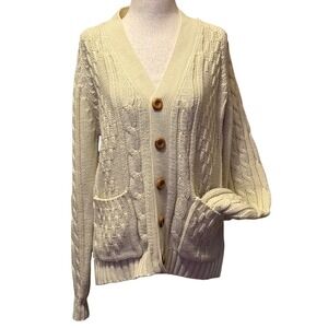 Vintage HGG Collection Cream Cable Knit Cardigan Mens Medium Button Front Pocket